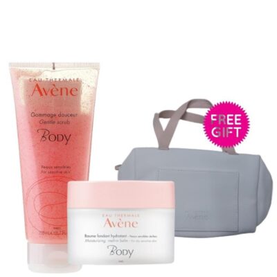 AVENE BODY gentle scrub 200ml + moisturizing melt-in balm 250ml + FREE pouch