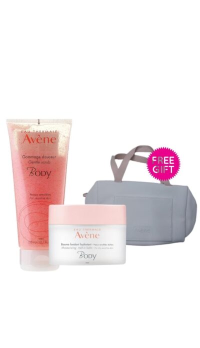 AVENE BODY gentle scrub 200ml + moisturizing melt-in balm 250ml + FREE pouch