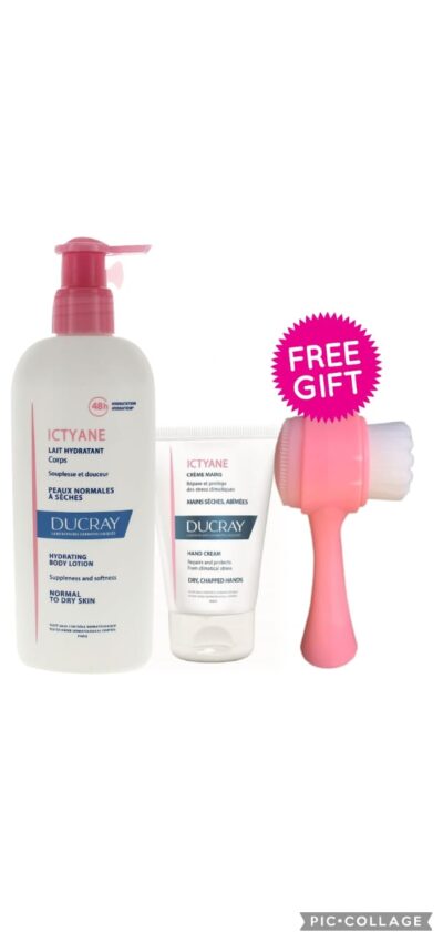 DUCRAY ICTYANE hydrating body lotion 400ml + hand cream 50ml + FREE brush