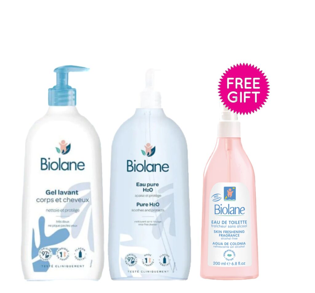 BIOLANE body and hair clenser 2 in1 750ml + Eau pure h2o 750ml + FREE diapper change cream 100ml + FREE body and hair cleanser 100ml