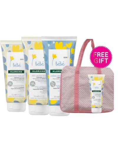 KLORANE BABY Gentle cleansing gel 200ml + detangling shampoo 200ml + moisturizing cream 200ml + FREE pink bag + FREE 100ML cleansing gel.