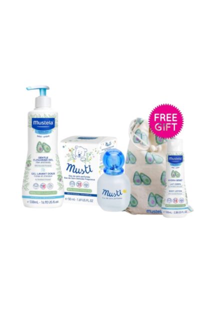 MUSTELA gentle cleansing gel 500ml + musti eau de soin deliccate fragnance 50ml + FREE hydra bebe body lotion 100ml