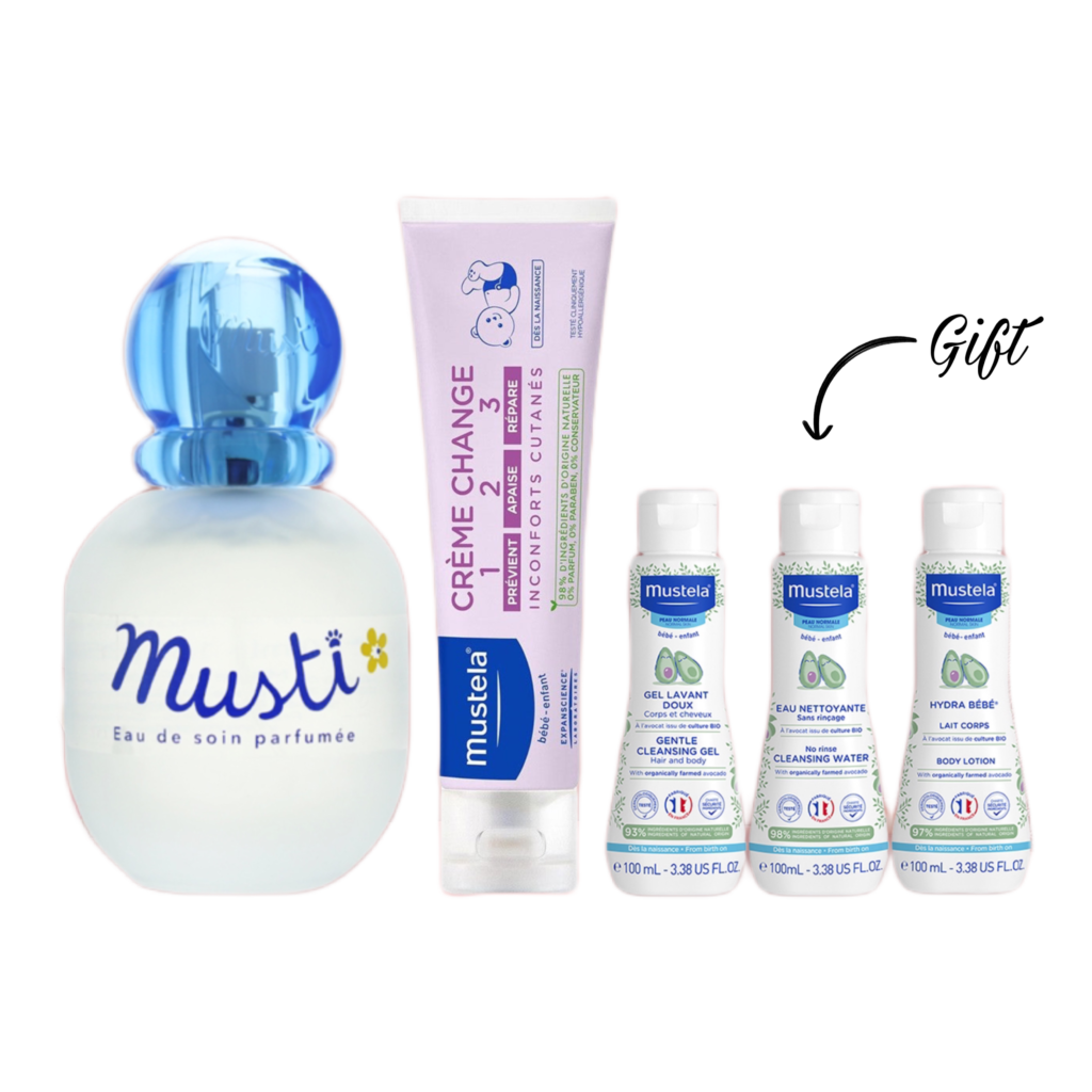 Mustela MUSTI EAU DE SOIN SPRAY 50ML + Mustela VITAMIN BARRIER CREAM 50ML+ (50ML GEL LAVANT DOUX+50ML EAU NETTOYANTE+50ML HYDRA BEBE )GIFT