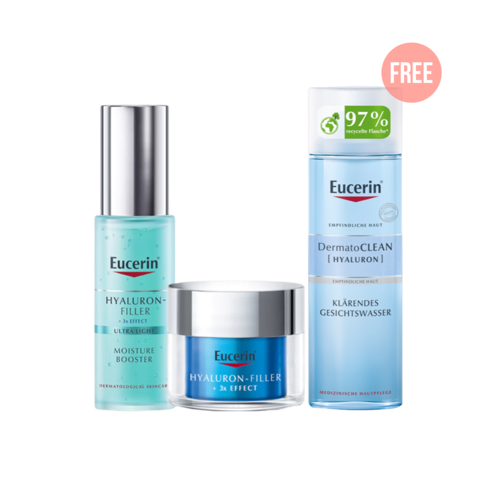 Eucerin HYALURON-FILLER MOISTURE BOOSTER 30ML+Eucerin HYALURON - FILLER + 3X EFFECT MOISTURE BOOSTER NIGHT 50ML+ FREE Eucerin DERMATOCLEAN MICELLAR CLEANSING FLUID 3 I