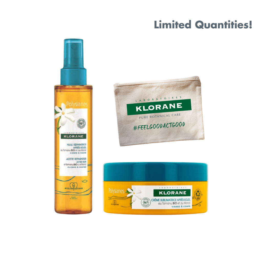 KLORANE POLYSIANES AFTER SUN REPAIR OIL WITH ORGANIC TAMANU & MONOI BODY 150 ML+ KLORANE POLYSIANES AFTER-SUN SUBLIMATING CREAM TAMANU AND MONOI+FREE POUCH