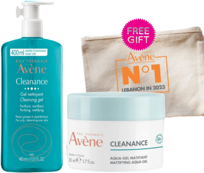 Eau Thermale Avène CLEANANCE ACNE CLEANSER GEL FOR OILY SKIN 400ML +Eau Thermale Avène CLEANANCE AQUA-GEL 50 ML +FREE POUCH GIFT