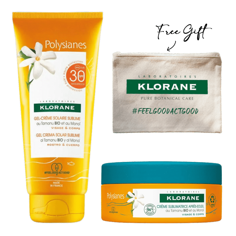 Sublime Sun Gel-Cream SPF 30 with Organic Monoi and Tamanu – 200 ml, Polysianes After-sun Sublimating Cream - 200 ml+ Free Gift Pouch Gift