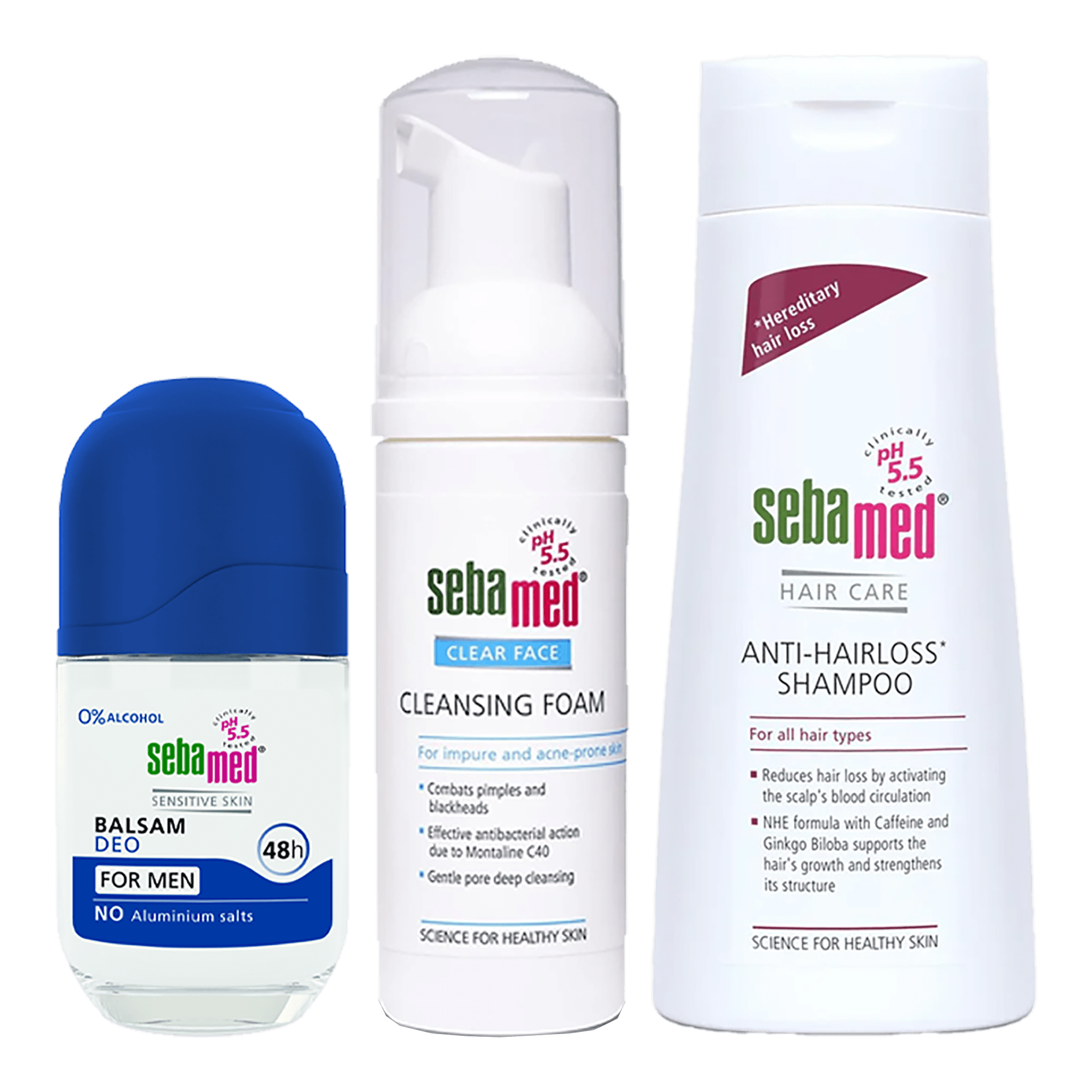 Deo Roll-on Balsam, Men - 50 ml + Clear Face Antibacterial Cleansing Foam + Anti-hair Loss Shampoo – 200 ml