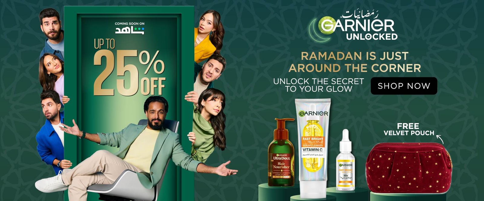 Garnier Ramadan Unlocked skincare and haircare bundle with up to 25% off and free velvet pouch.