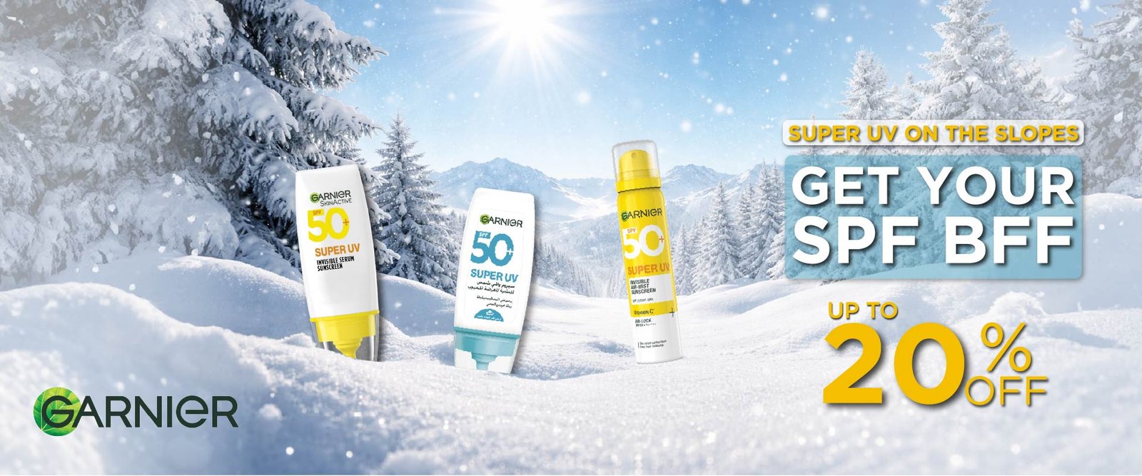 Garnier Super UV SPF 50 sunscreen products in snowy mountain setting with 20% discount.