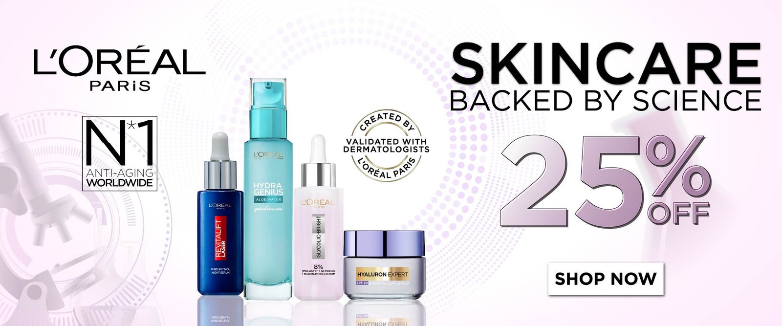 L’Oréal Paris skincare products with 25% discount offer.