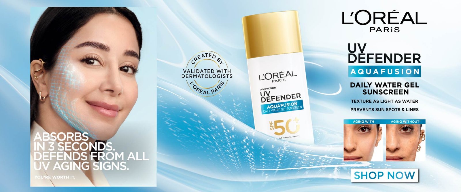L’Oréal Paris UV Defender Aquafusion SPF 50+ daily water gel sunscreen.