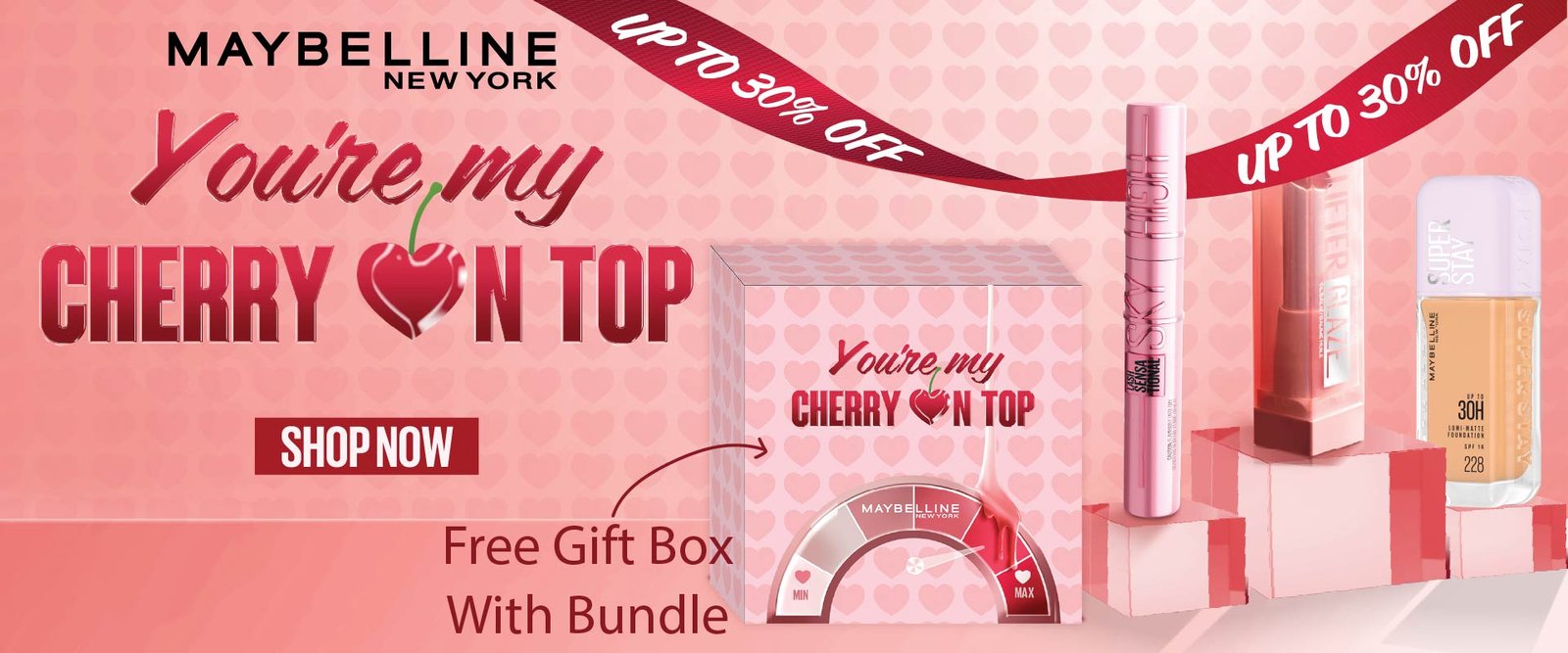 Maybelline New York Valentine makeup bundle with mascara, lipstick and foundation gift box