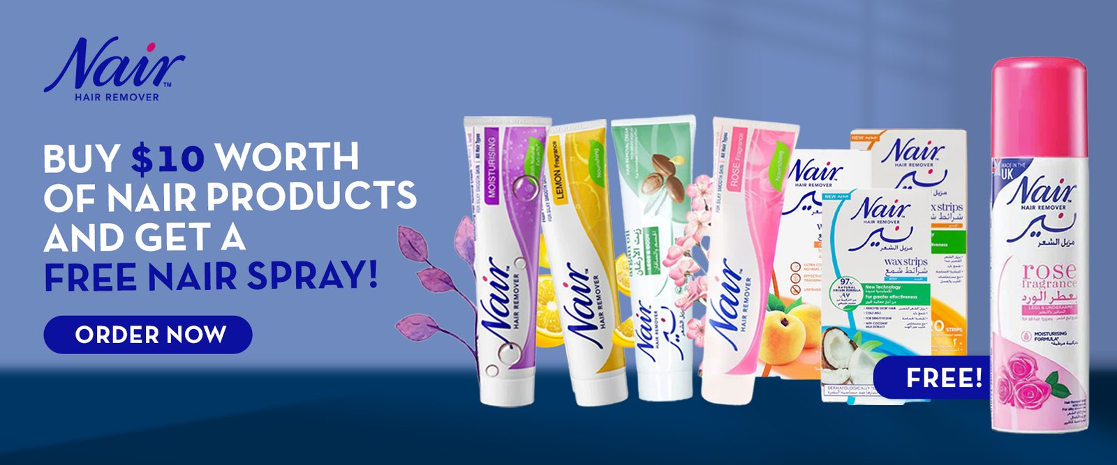 Nair hair remover promotion banner offering a free spray with purchase, featuring creams, wax strips, and spray products.