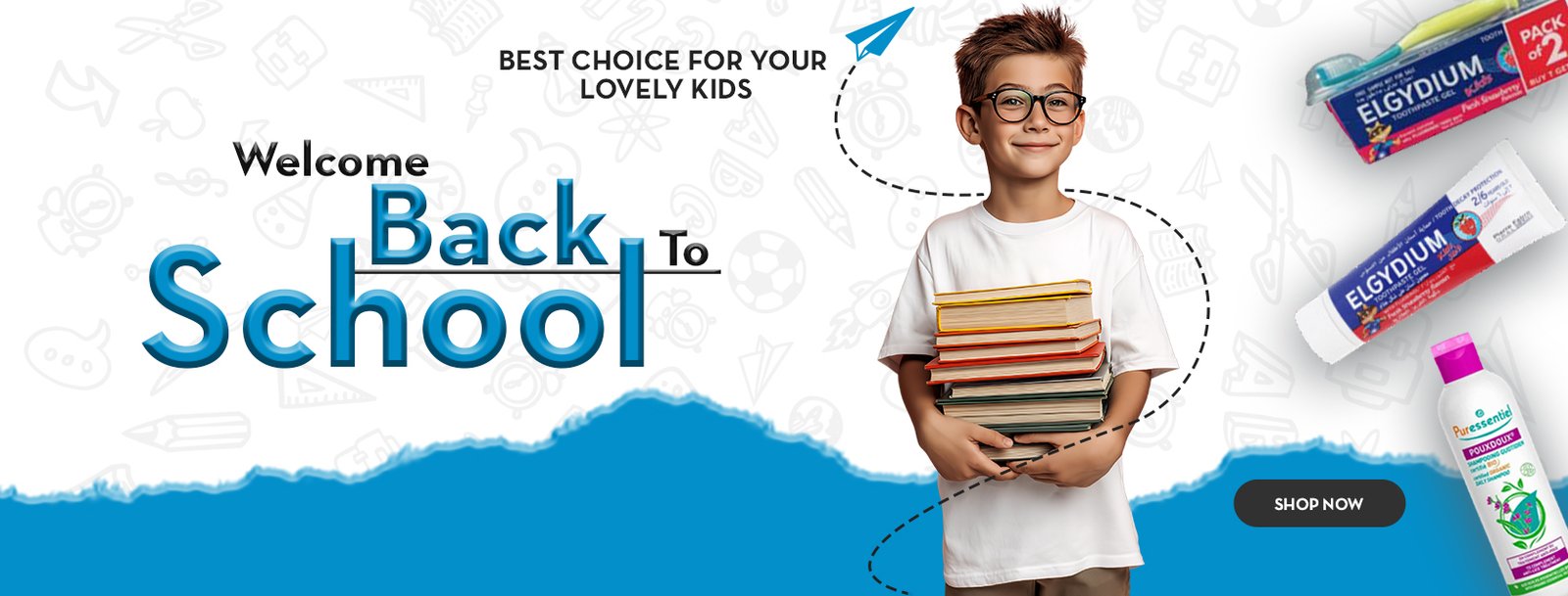 Back-to-school kids oral care promotion featuring Elgydium toothpaste and Puressentiel hygiene products with a school child holding books.
