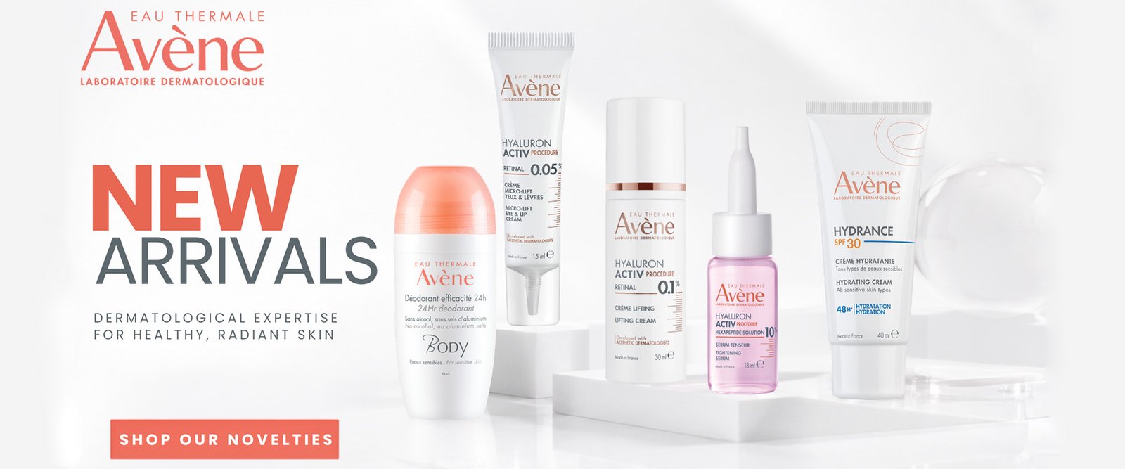 Avène new skincare arrivals featuring Hyaluron Activ Procedure Retinal creams, Hexapeptide Solution serum, Hydrance SPF30 and 24-hour deodorant.