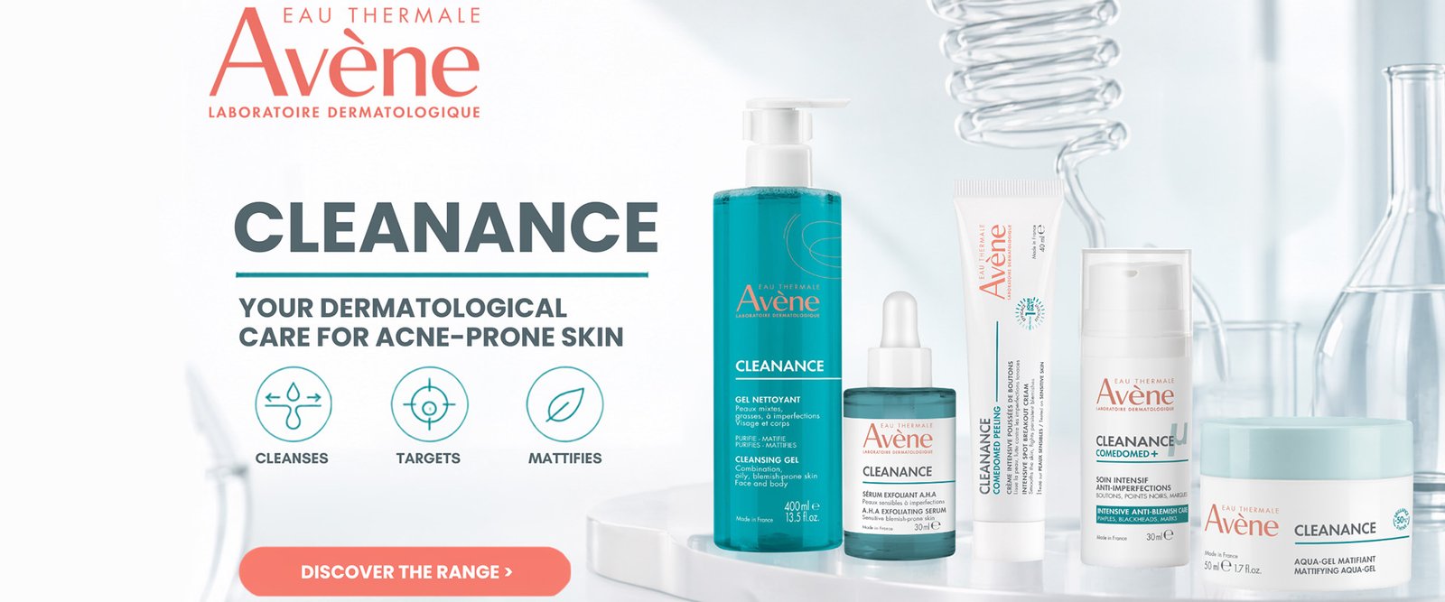 Avène Cleanance skincare collection featuring Cleansing Gel, AHA Exfoliating Serum, Comedomed Peeling, Comedomed+ and Mattifying Aqua-Gel for oily and acne-prone skin.
