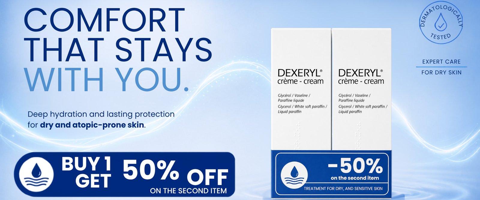 Dexeryl cream for dry and atopic-prone skin with a Buy 1 Get 50% Off promotion on the second item, highlighting deep hydration and lasting skin protection.