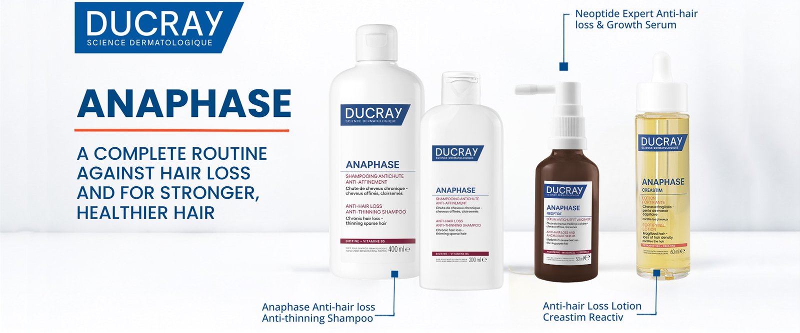 Ducray Anaphase anti-hair loss collection featuring anti-thinning shampoos, Neoptide Expert Anti-Hair Loss and Growth Serum, and Creastim Reactiv Lotion.
