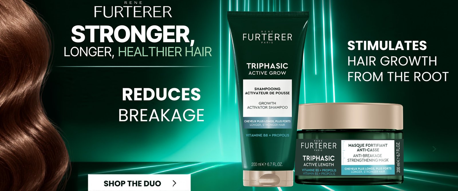 René Furterer Triphasic Active Grow Shampoo and Triphasic Active Length Anti-Breakage Strengthening Mask with vitamin B8 and propolis for longer, stronger-looking hair.