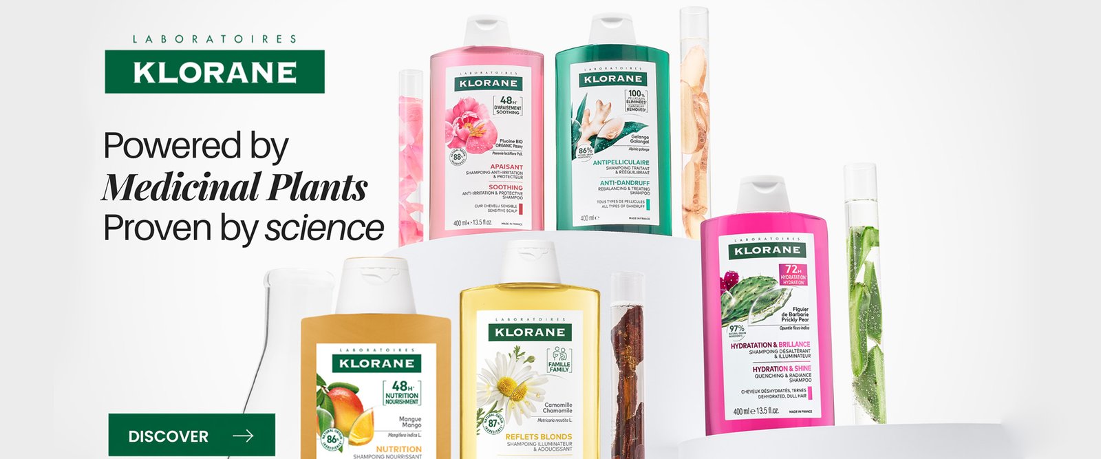 Klorane botanical hair care collection featuring Mango Nourishing Shampoo, Peony Soothing Shampoo, Galangal Anti-Dandruff Shampoo, Chamomile Shampoo and Prickly Pear Hydrating Shampoo, available in Lebanon.