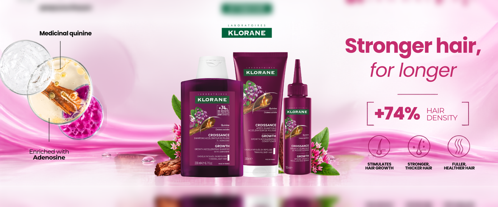 Klorane Quinine hair growth collection featuring Growth Accelerating Shampoo, Conditioner and Intensive Growth Serum enriched with medicinal quinine and adenosine.